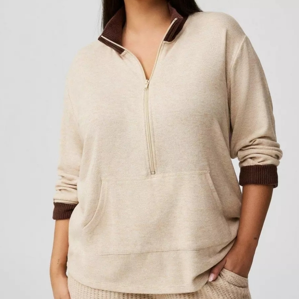 Torrid Super Soft Half Zip Cream and Brown Relaxed Fit Comfy Sweater Size 1X